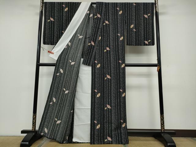 平和屋着物▽小紋 単衣 舞草花文 黒地 洗える着物 CAAV3188ut