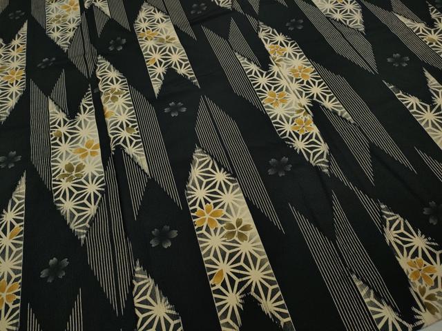 平和屋着物▽小紋 単衣 矢羽舞桜文 黒地 洗える着物 CAAV3193ut