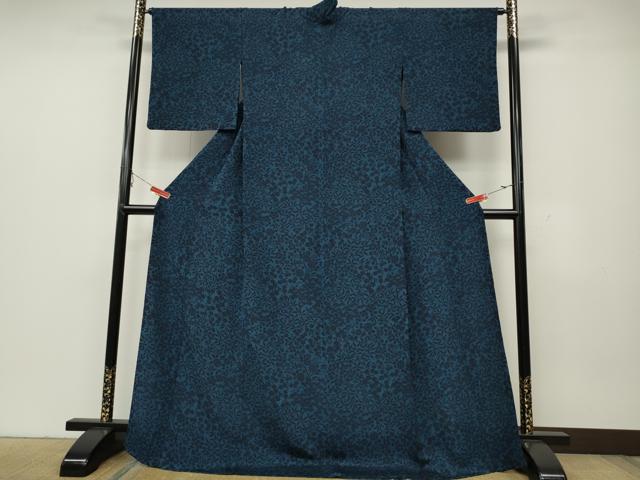 平和屋着物▽上質な小紋 単衣 藍 型染め 草花尽くし 鬼しぼ縮緬 正絹 逸品 CAAV3197ut