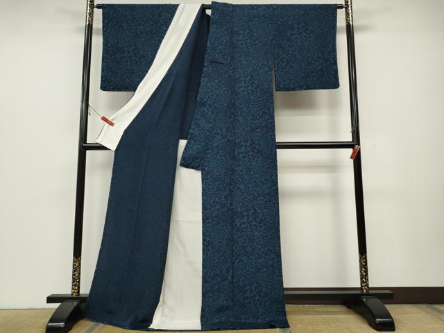 平和屋着物▽上質な小紋 単衣 藍 型染め 草花尽くし 鬼しぼ縮緬 正絹 逸品 CAAV3197ut