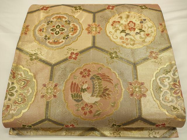 平和屋着物◎六通柄袋帯 亀甲花鳥丸文 金糸 正絹 逸品 CAAV3317ft