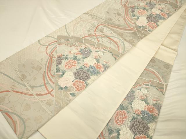 平和屋着物◎六通柄袋帯 唐織 檜扇花文 銀糸 正絹 逸品 CAAV3329ft