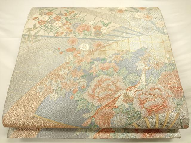 平和屋着物◎宝珠穂佐賀錦 孔雀花文 金銀糸 六通柄袋帯 正絹 逸品 CAAV3333ft