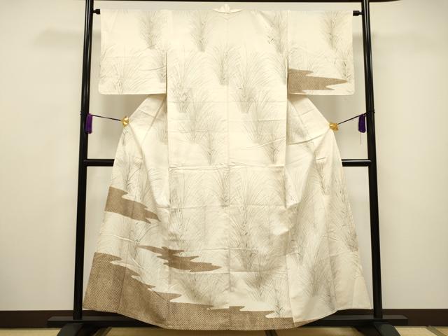 平和屋着物▽訪問着 単衣 紬地 草花文 正絹 逸品 CAAV3707dy