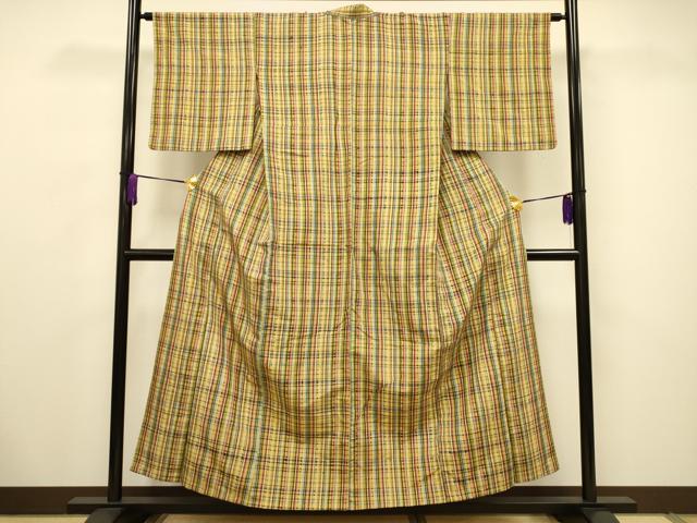 平和屋着物▽上質な紬 単衣 格子柄 正絹 逸品 CAAV3730dy