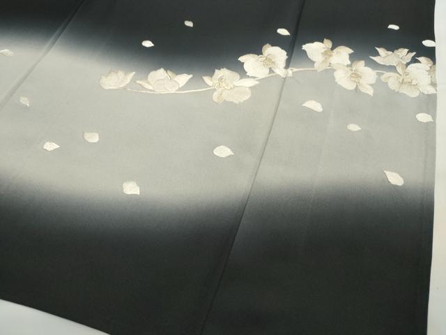 平和屋着物▽訪問着 単衣 総刺繍 枝花文 暈し染め 黒地 ますいわ屋扱い 正絹 逸品 CAAV3762dy
