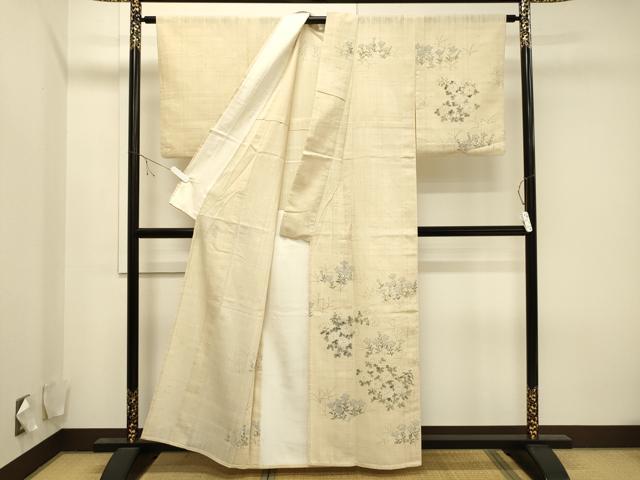 平和屋着物▽訪問着 単衣 生紬 手描き 草花文 正絹 逸品 CAAV3764dy
