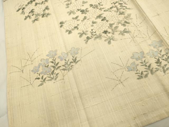 平和屋着物▽訪問着 単衣 生紬 手描き 草花文 正絹 逸品 CAAV3764dy