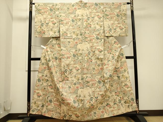 平和屋着物▽上質な小紋 単衣 紬地 手描き 花鳥文 正絹 逸品 CAAV3769dy