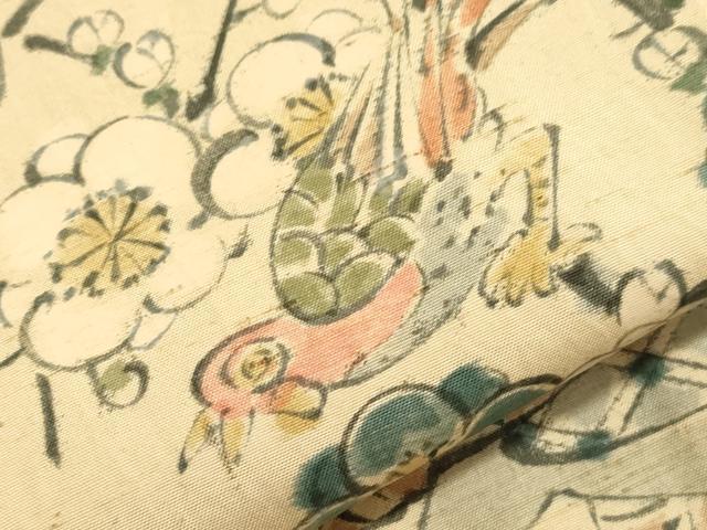 平和屋着物▽上質な小紋 単衣 紬地 手描き 花鳥文 正絹 逸品 CAAV3769dy