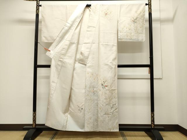平和屋着物▽訪問着 単衣 紬地 刺繍 草花文 金銀彩 正絹 逸品 CAAV3792dy