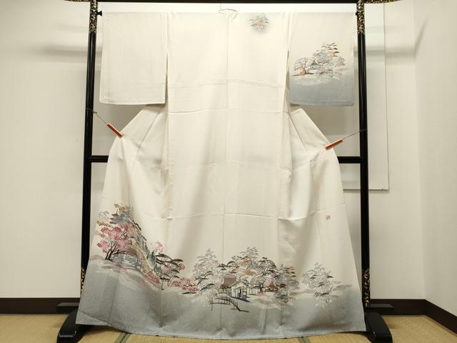 平和屋着物▽訪問着 単衣 作家物 型染め 風景文 たたき染め 正絹 逸品 CAAV3802dy