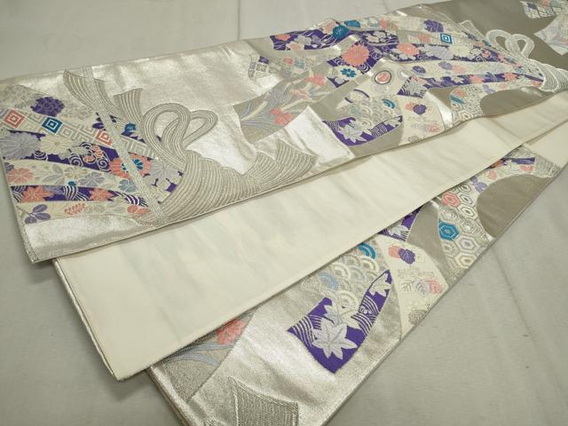 平和屋着物◎六通柄袋帯 唐織 能衣熨斗文 銀糸 正絹 逸品 CAAV4318in