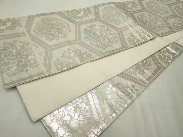 平和屋着物◎六通柄袋帯 亀甲錦花丸紋 銀糸 正絹 逸品 CAAV4370in