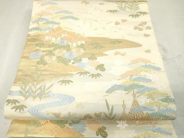 平和屋着物●上野家謹製 六通柄袋帯 唐織 流水風景花文 金糸 正絹 逸品 未使用 CAAV5217yk