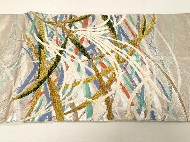 平和屋着物▼太鼓柄袋帯 モール織 芝草文 銀糸 引箔 正絹 逸品 CAAV5418yk