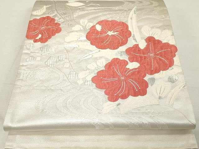 平和屋着物●太鼓柄袋帯 総刺繍 流水花文 銀糸 正絹 逸品 CAAV5455yk