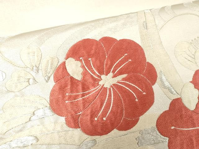 平和屋着物●太鼓柄袋帯 総刺繍 流水花文 銀糸 正絹 逸品 CAAV5455yk