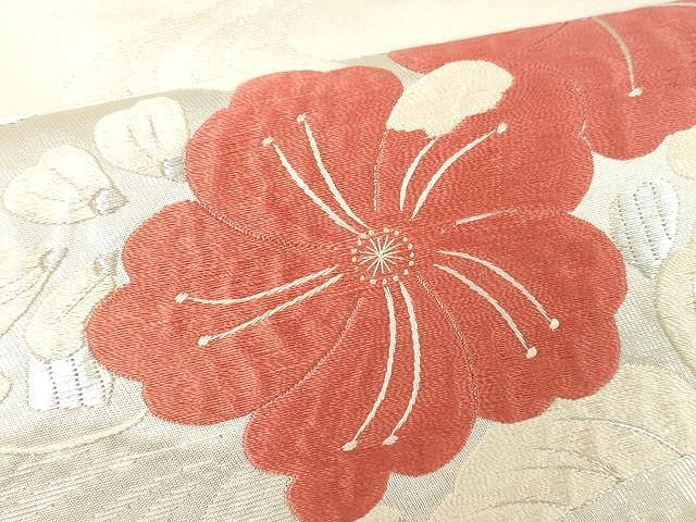 平和屋着物●太鼓柄袋帯 総刺繍 流水花文 銀糸 正絹 逸品 CAAV5455yk