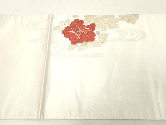 平和屋着物●太鼓柄袋帯 総刺繍 流水花文 銀糸 正絹 逸品 CAAV5455yk