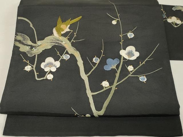 平和屋着物●アンティーク 大正ロマン 九寸名古屋帯 総刺繍 枝梅鳥文 黒地 金糸 正絹 逸品 CAAV5549yk