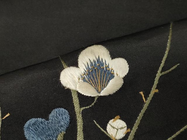 平和屋着物●アンティーク 大正ロマン 九寸名古屋帯 総刺繍 枝梅鳥文 黒地 金糸 正絹 逸品 CAAV5549yk