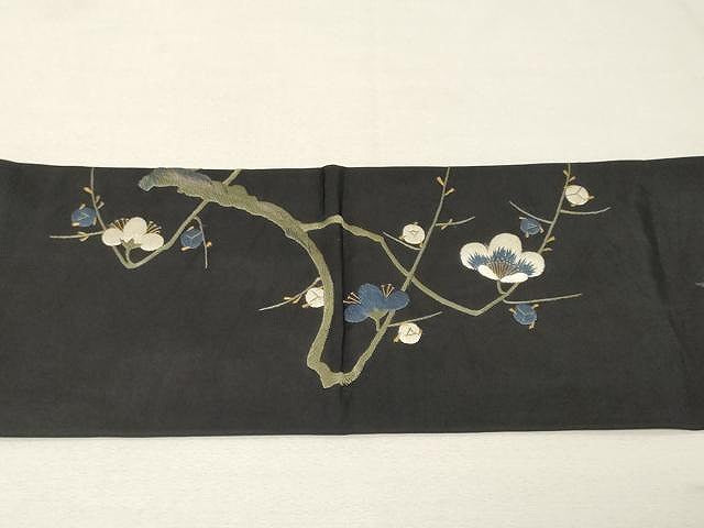平和屋着物●アンティーク 大正ロマン 九寸名古屋帯 総刺繍 枝梅鳥文 黒地 金糸 正絹 逸品 CAAV5549yk