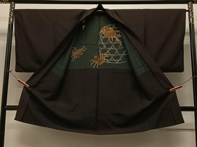 平和屋着物∞男性 長羽織 お召地 紋付き 赤墨色 正絹 逸品 CAAV5712id