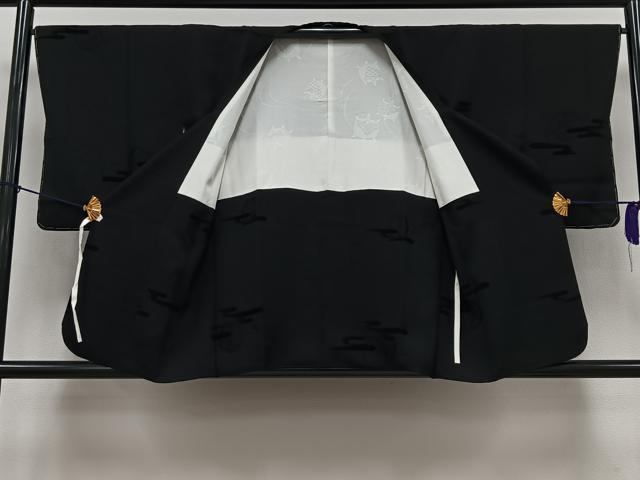 平和屋着物∞道行コート ビロード 鏡浦霞地紋 濡羽色 黒地 正絹 逸品 未使用 CAAV5915id