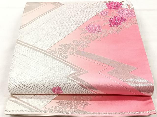 平和屋着物◎全通柄袋帯 唐織 草花文 銀糸 正絹 逸品 CAAV5921id
