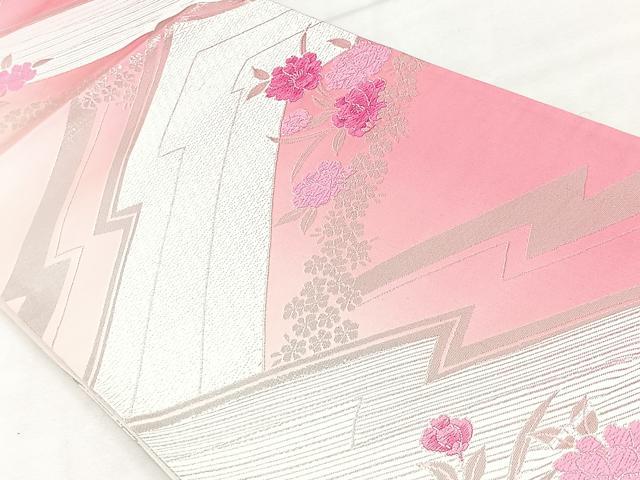 平和屋着物◎全通柄袋帯 唐織 草花文 銀糸 正絹 逸品 CAAV5921id