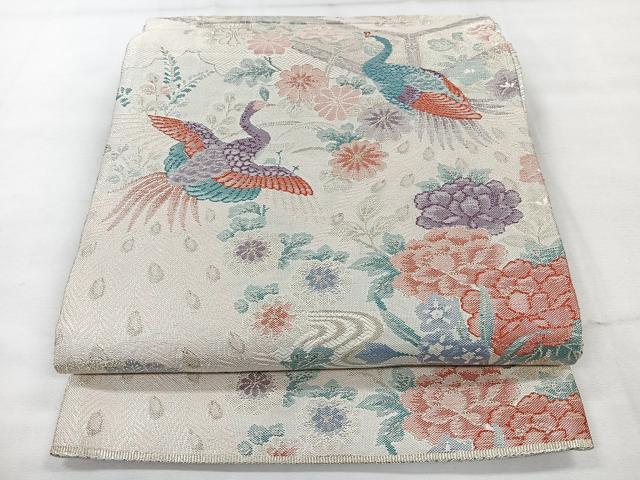 平和屋着物◎六通柄袋帯 唐織 孔雀花文 銀糸 正絹 逸品 CAAV5993id