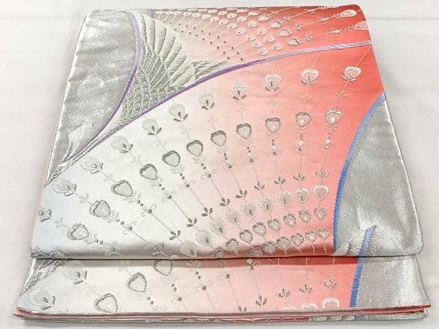 平和屋着物◎六通柄袋帯 唐織 孔雀文 銀糸 正絹 逸品 CAAV5998id