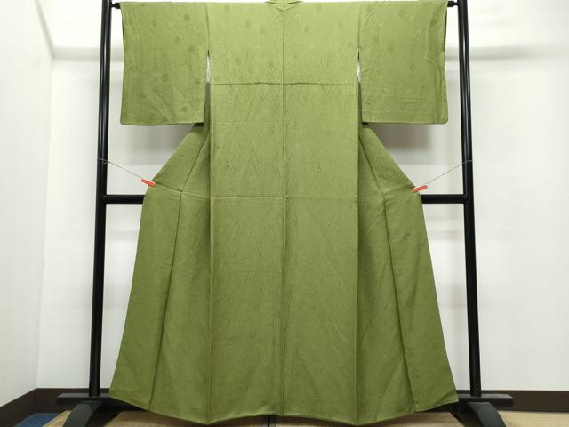 平和屋着物●上質な色無地 舞花地紋 海松色 正絹 逸品 CAAV6413vf