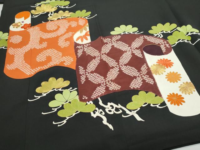平和屋着物●極上 銀座 志ま亀 黒留袖 絞り 刺繍 絵巻松花文 金彩 たとう紙付き 正絹 逸品 CAAV6425vf