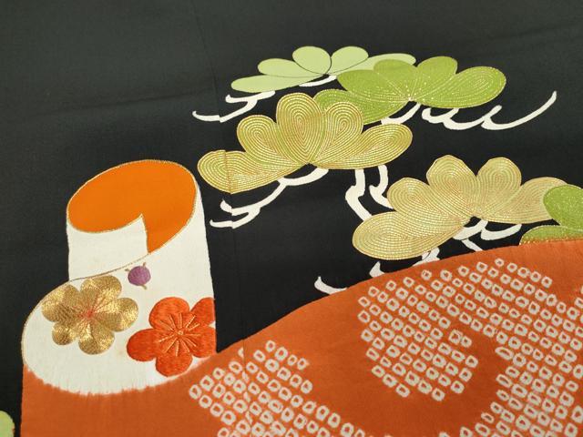 平和屋着物●極上 銀座 志ま亀 黒留袖 絞り 刺繍 絵巻松花文 金彩 たとう紙付き 正絹 逸品 CAAV6425vf