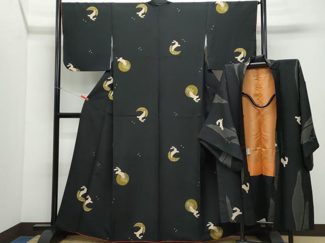 平和屋着物●小紋 長羽織セット 跳兎 黒地 洗える着物 CAAV6588vf