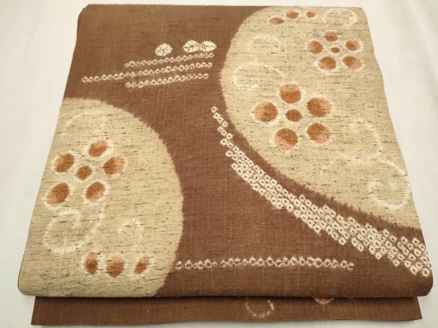 平和屋着物○太鼓柄袋帯 絞り 紬地 花唐草文 やまと誂製 