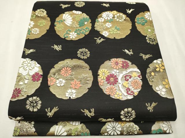平和屋着物●九寸開き名古屋帯 唐織 雪輪兎花唐草文 黒地 金通し地 正絹 逸品 CAAV7129hy