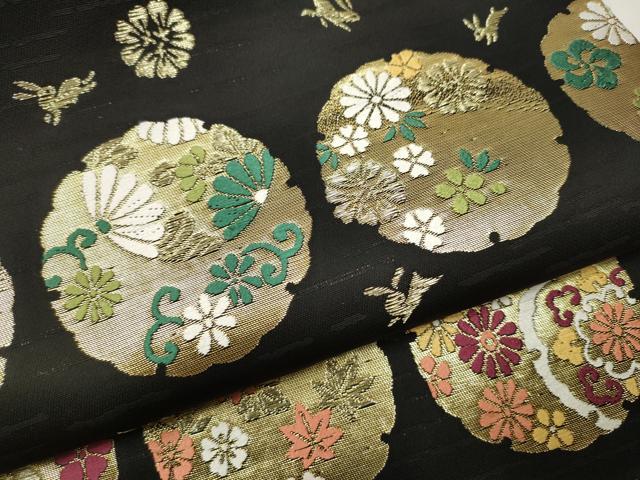 平和屋着物●九寸開き名古屋帯 唐織 雪輪兎花唐草文 黒地 金通し地 正絹 逸品 CAAV7129hy