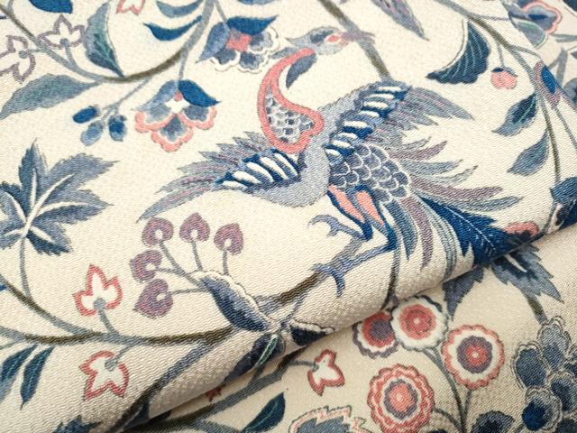 平和屋着物●全通柄 九寸名古屋帯 更紗花鳥文 鬼しぼ縮緬 正絹 逸品 CAAV7156hy