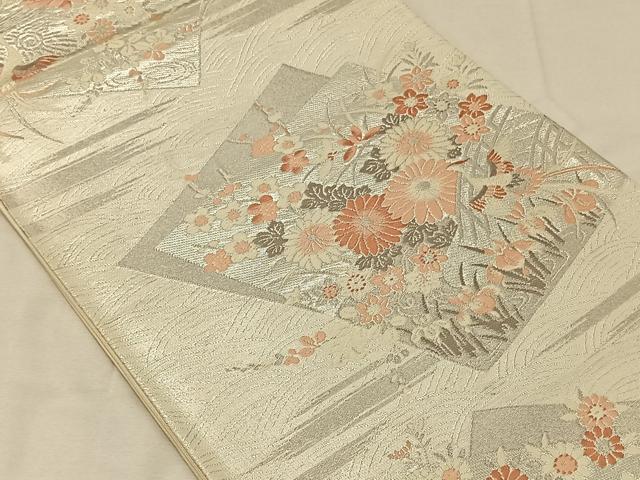 平和屋着物◎六通柄袋帯 唐織 色紙花鳥文 銀糸 正絹 逸品 CAAV7211qv
