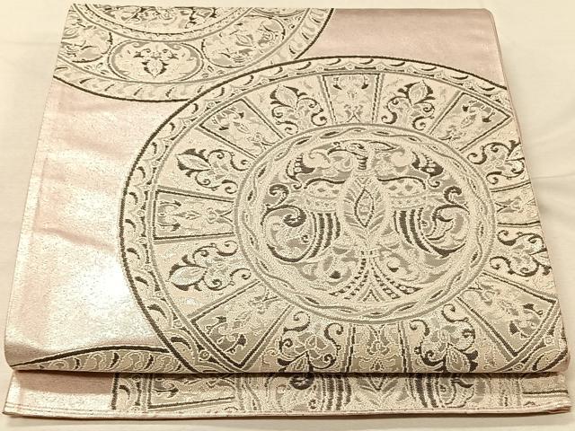 平和屋着物◎六通柄袋帯 絵皿花鳥文 銀糸 正絹 逸品 CAAV7301qv