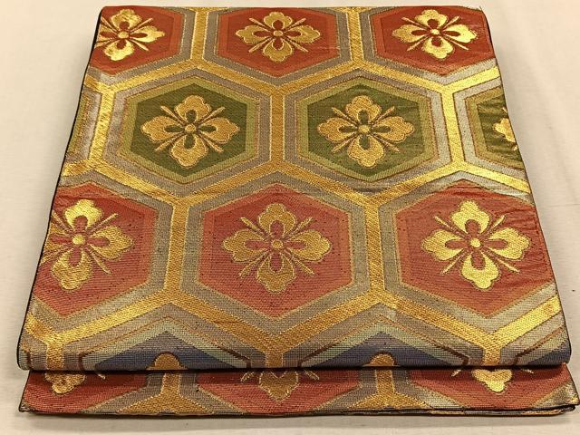 平和屋着物◎六通柄袋帯 亀甲花文 金銀糸 正絹 逸品 CAAV7539qv