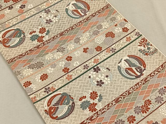平和屋着物◎六通柄袋帯 唐織 花鳥丸文 正絹 逸品 CAAV7593qv
