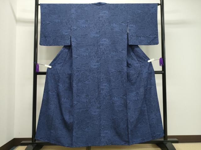 平和屋着物▽上質な小紋 単衣 本藍 型絵染 風景草花文 正絹 逸品 CAAV8868gh