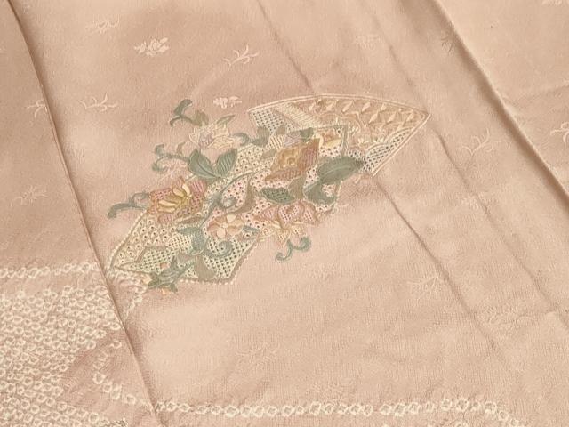 平和屋着物▽中国三大刺繍 スワトウ刺繍 訪問着 単衣 絞り 地紙重ね花唐草文 金彩 正絹 逸品 CAAV8876gh