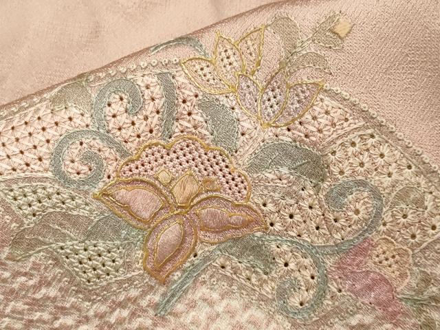 平和屋着物▽中国三大刺繍 スワトウ刺繍 訪問着 単衣 絞り 地紙重ね花唐草文 金彩 正絹 逸品 CAAV8876gh