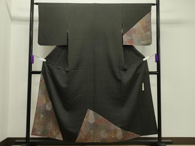 平和屋着物▽三代目更勝 訪問着 単衣 切嵌更紗花文 黒地 ゑり善扱い 正絹 逸品 CAAV8882gh