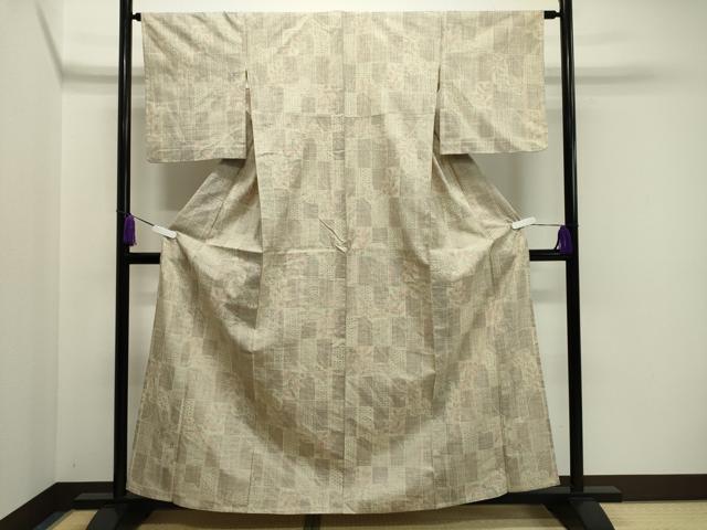 平和屋着物▽上質な紬 単衣 雲取り市松草花文 正絹 逸品 CAAV8927gh